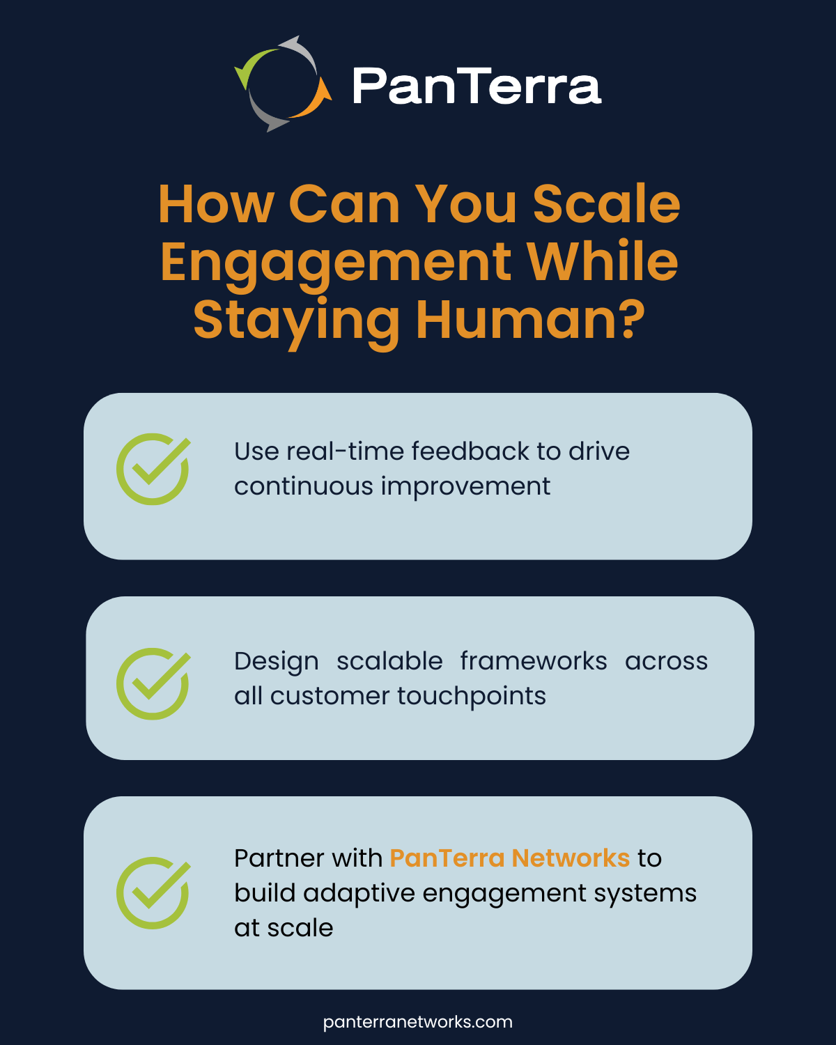 Infographic dashboard showing feedback collection, system scalability icons, and call-to-action to integrate engagement strategy with PanTerra