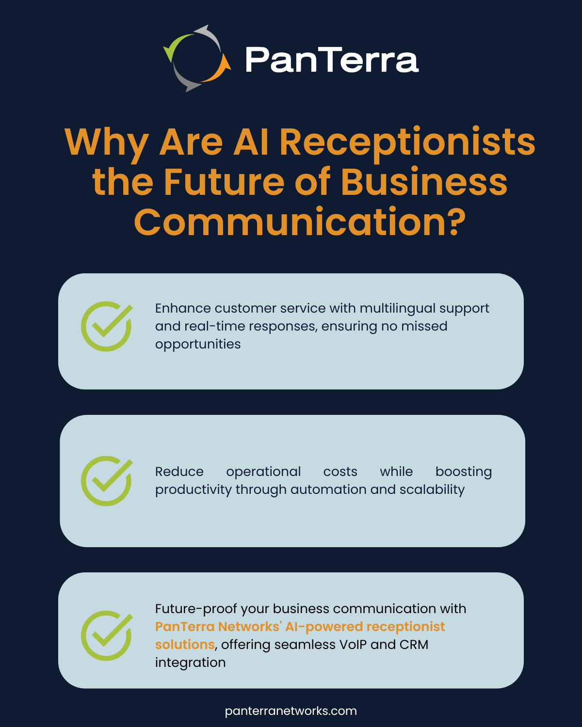 Infographic summarizing why AI receptionists are essential for future business communication, featuring multilingual support, cost savings, and a CTA