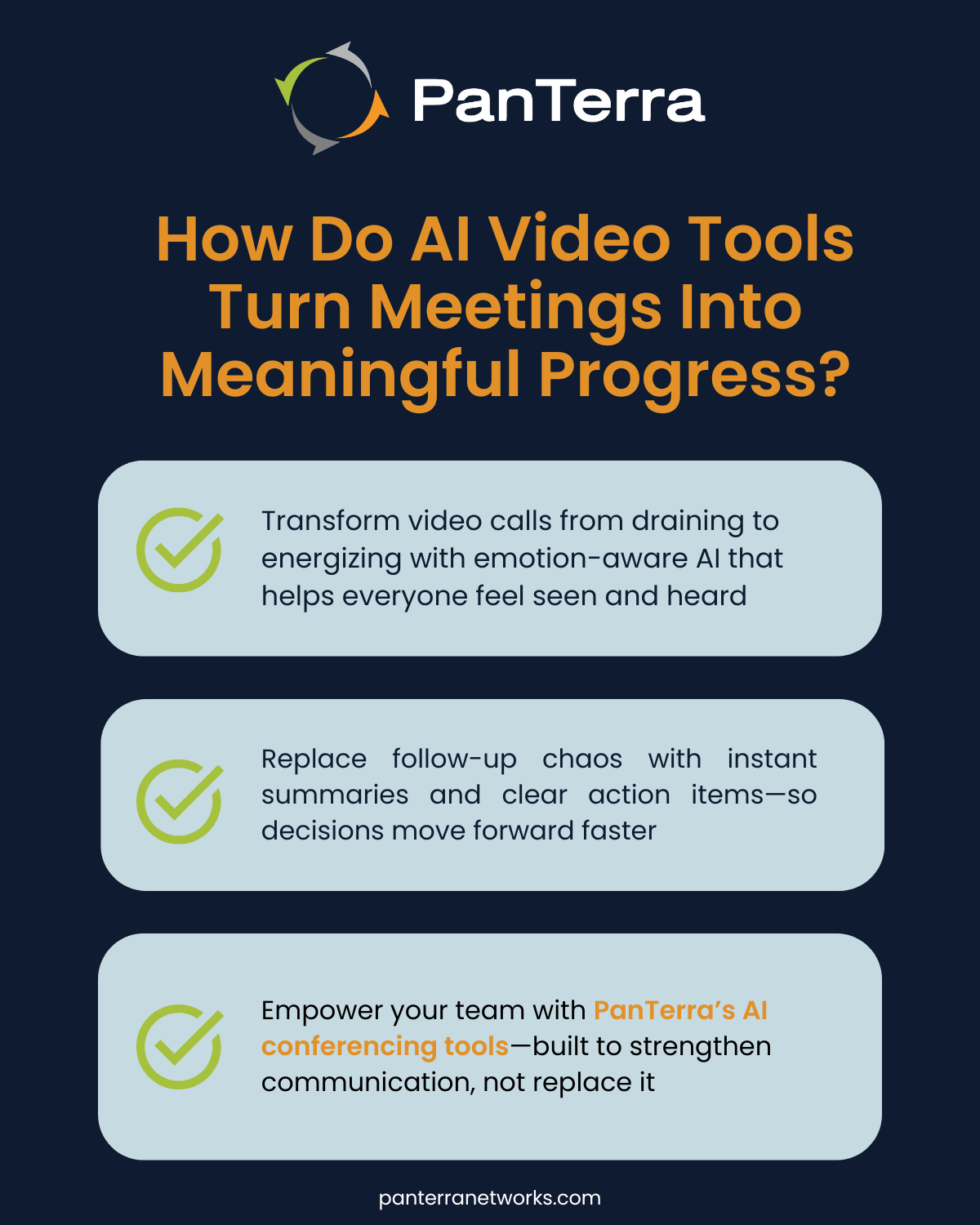 Dashboard infographic showing how PanTerra’s AI tools make meetings more engaging, actionable, and people-centered—with a subtle call to explore the platform