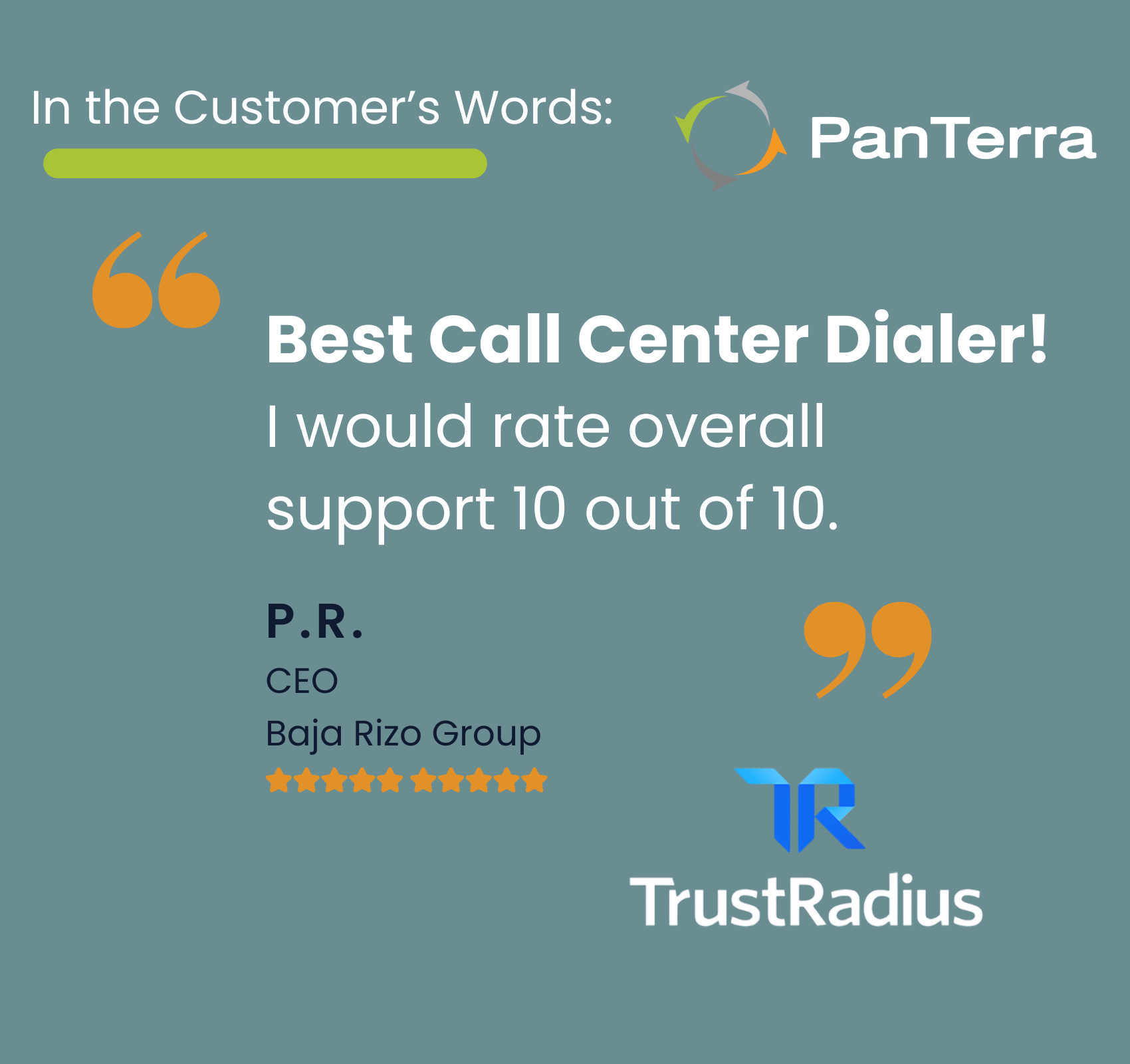 Client review praising PanTerra Networks as the best call center dialer for efficient communication and customer service.