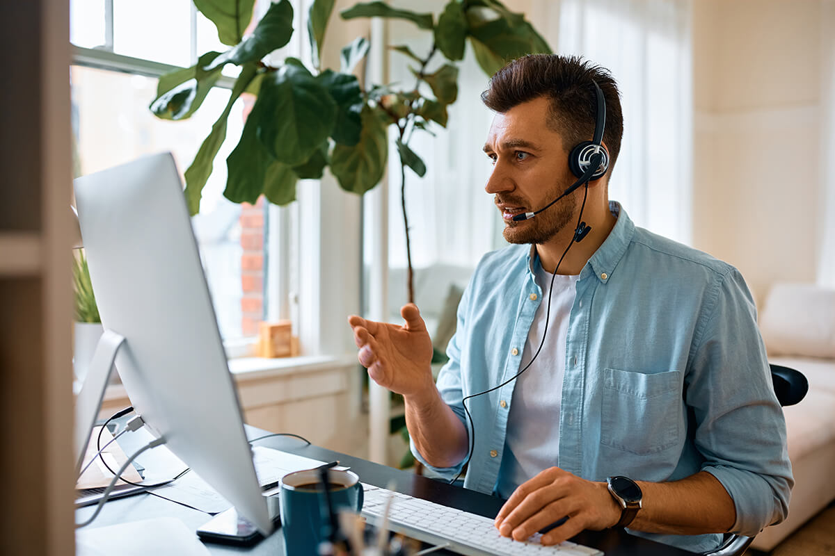 Entrepreneur talking during a video conference call.