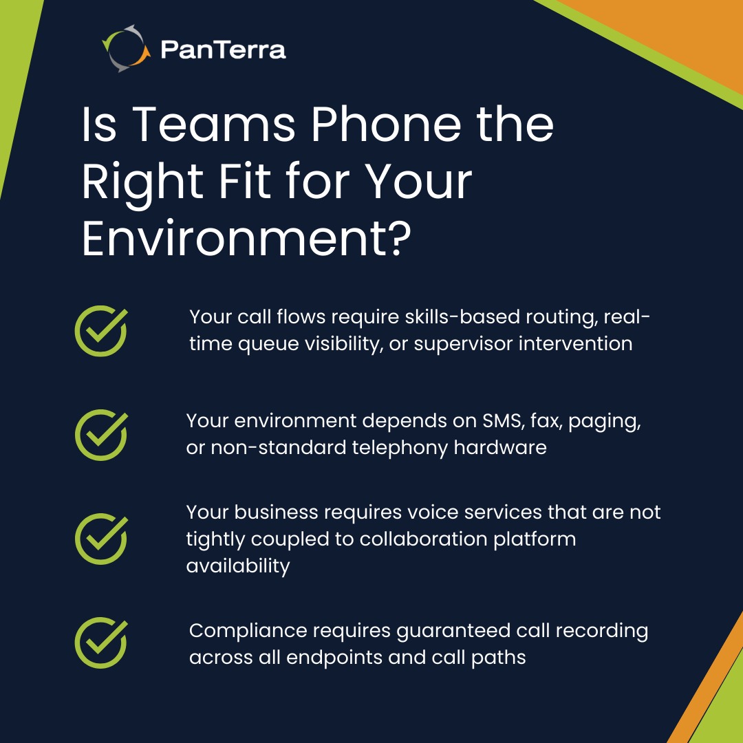 Checklist showing when Microsoft Teams Phone is not the right fit for enterprise environments