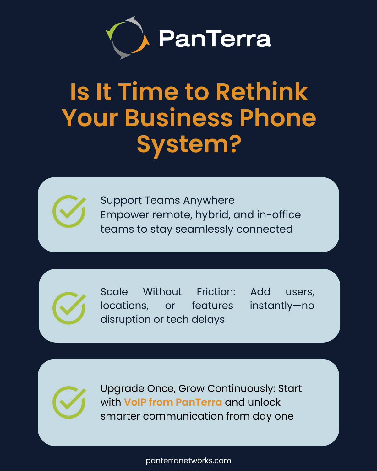 Infographic summarizing VoIP's benefits for scaling, hybrid work, and long-term business growth—with a call to action to start with PanTerra