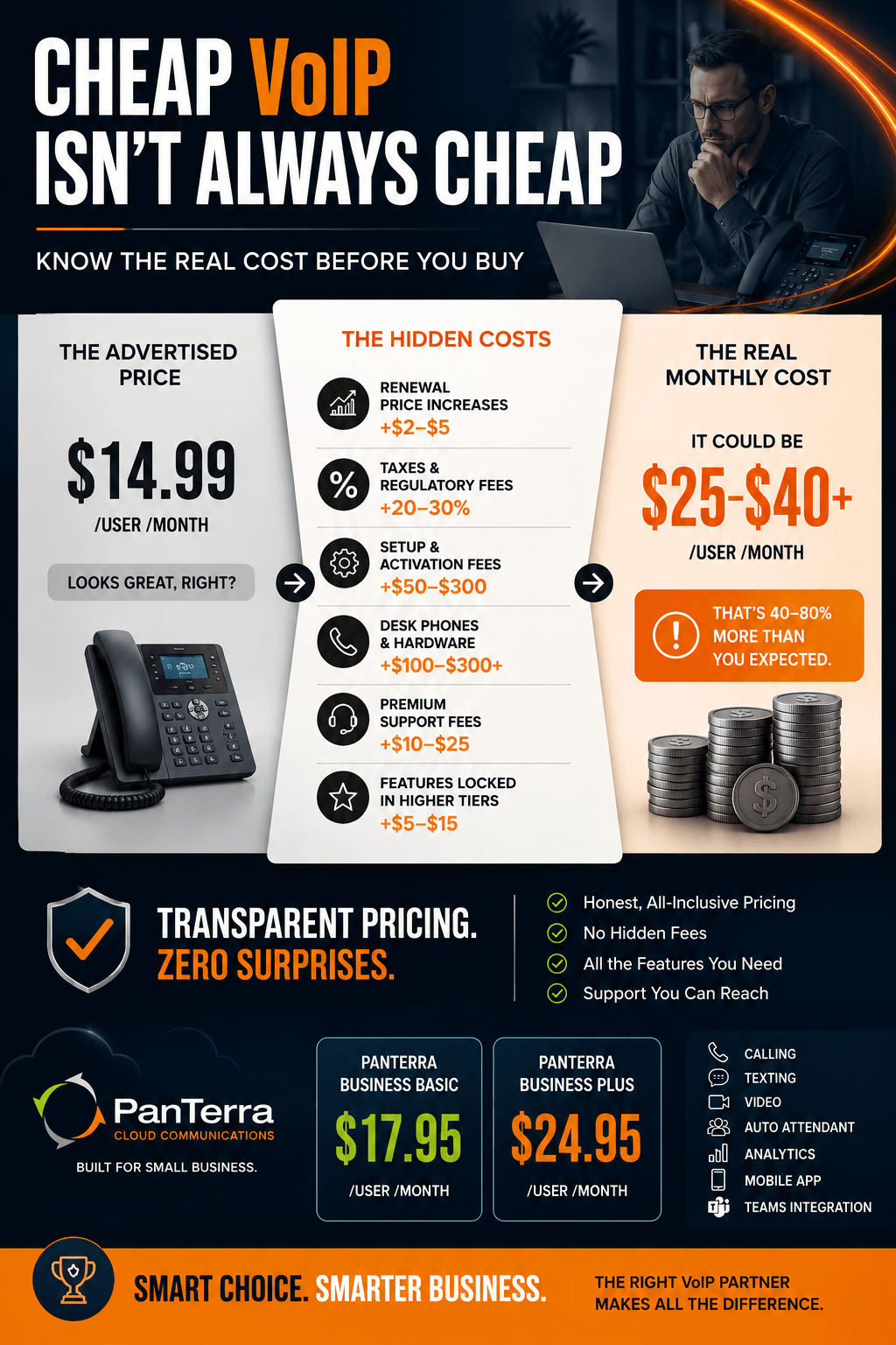 Hidden costs of cheap VoIP: Compare fees, upgrades & support costs with transparent PanTerra Cloud pricing