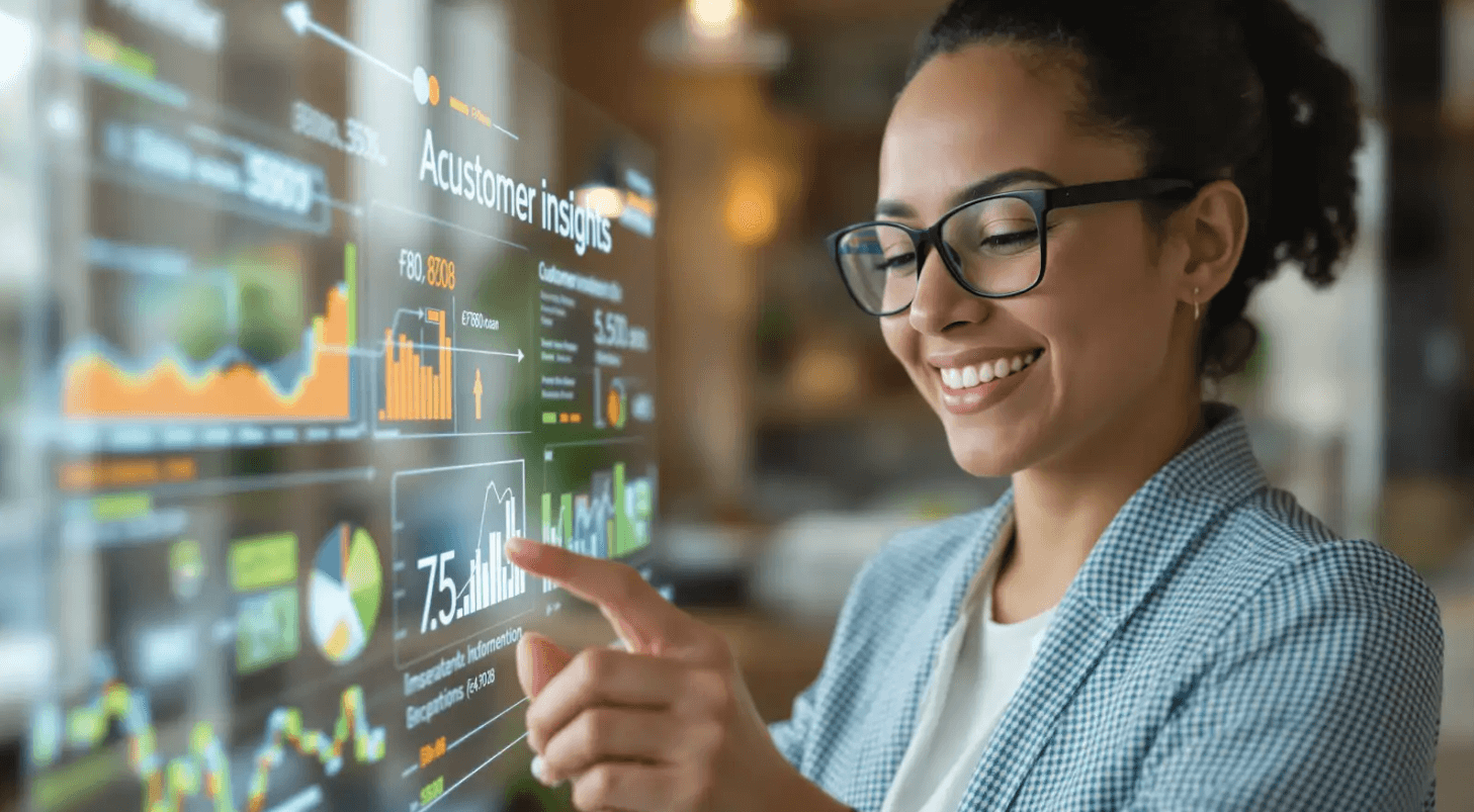 Woman smiling while interacting with a digital dashboard labeled