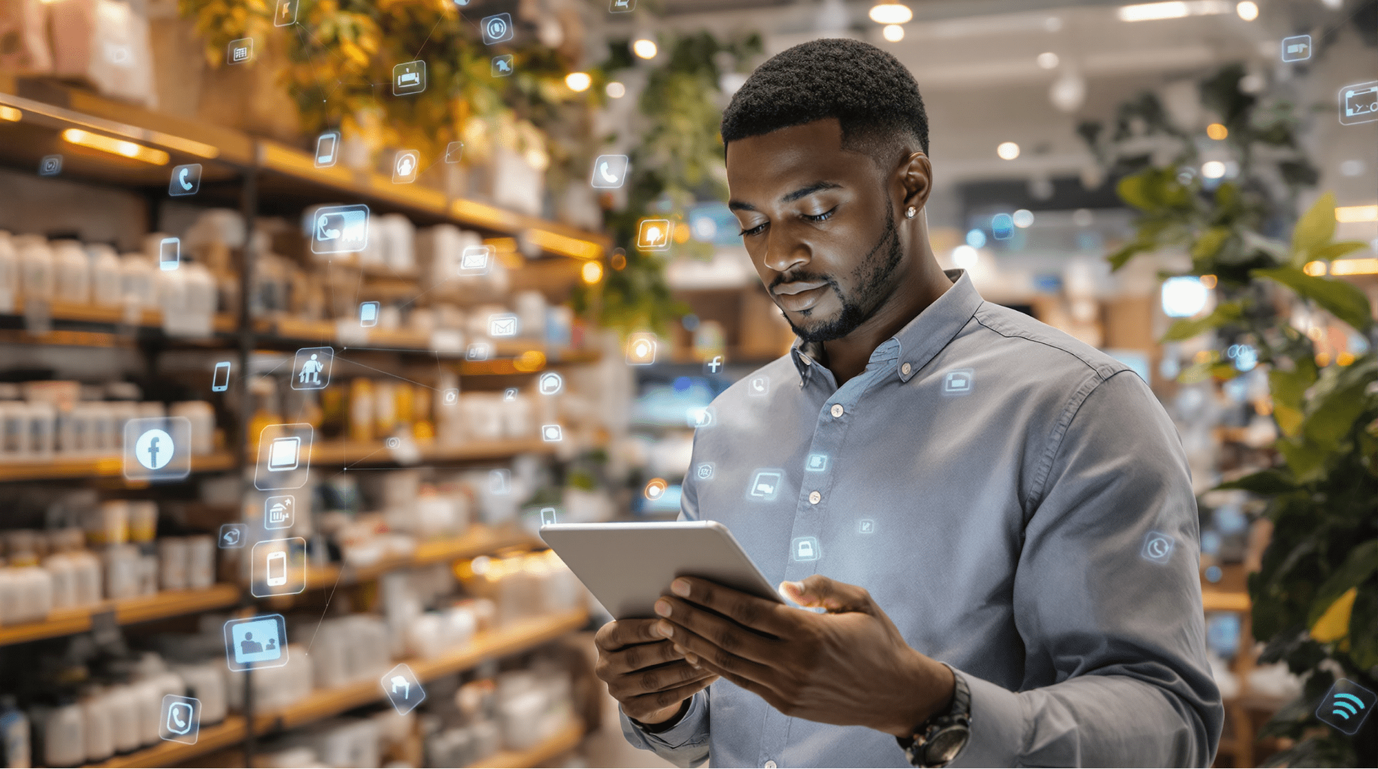 Man using a tablet in a retail store, surrounded by floating digital icons representing connected communication channels, symbolizing AI-powered omnichannel customer engagement.