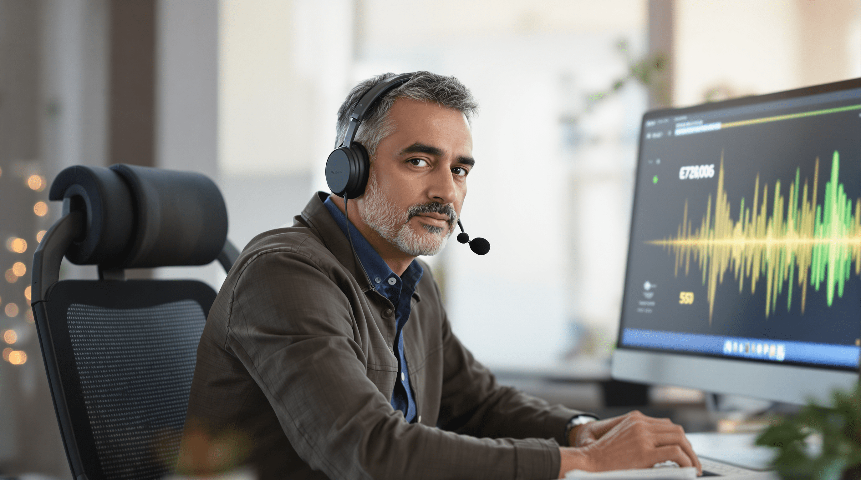 Customer service agent using voice AI software with speech waveform on screen.