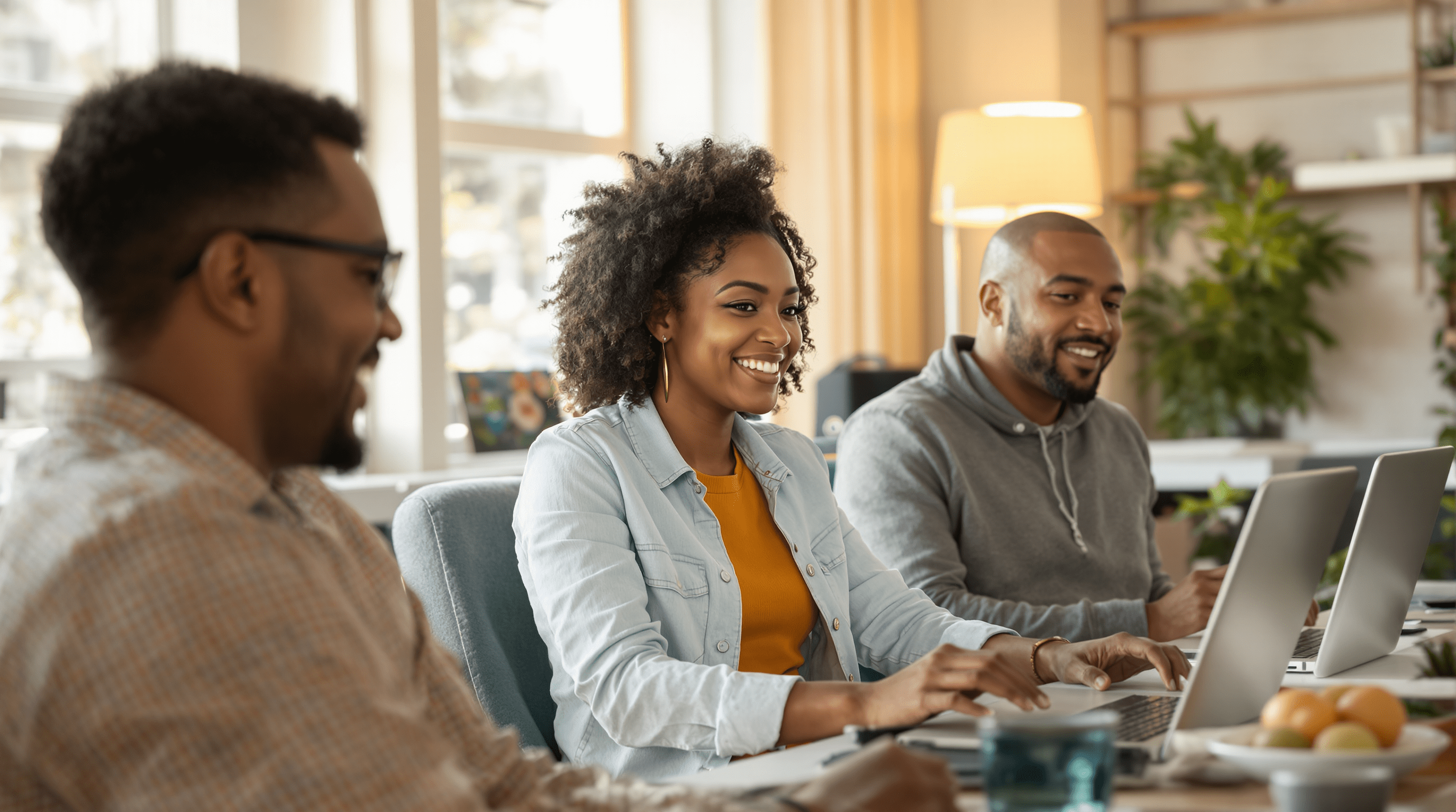 Three professionals engaged in collaborative work at a bright, modern office, illustrating positive customer engagement and positive teamwork.