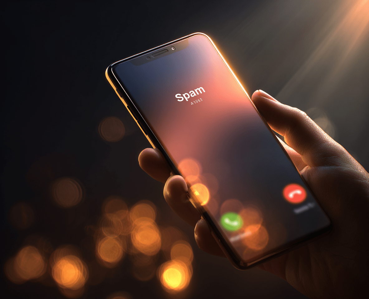 Smartphone displaying an incoming call marked as “Spam,” held in a hand with warm bokeh lights in the background.