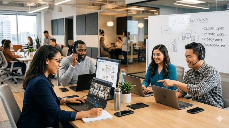 Modern office workers using headsets and laptops for a PanTerra vs RingCentral UCaaS Comparison on unified communications