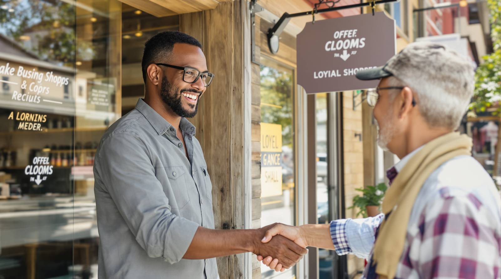 Small business customer engagement handshake outside local shop