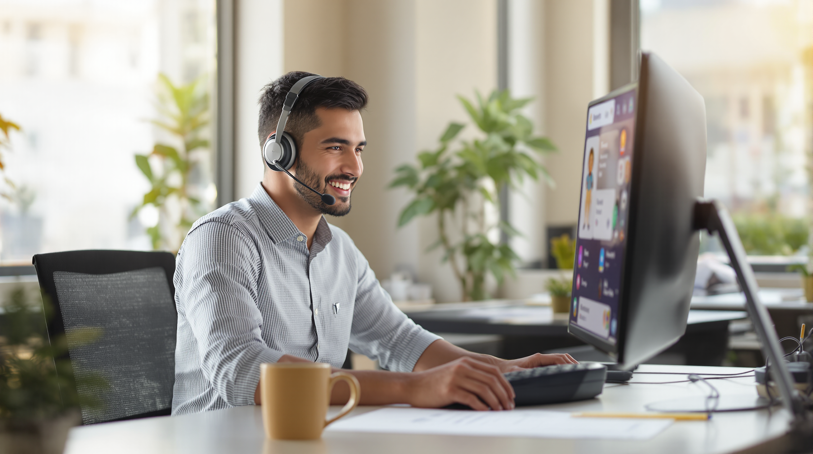 Smiling agent using AI contact center software at desk with headset.