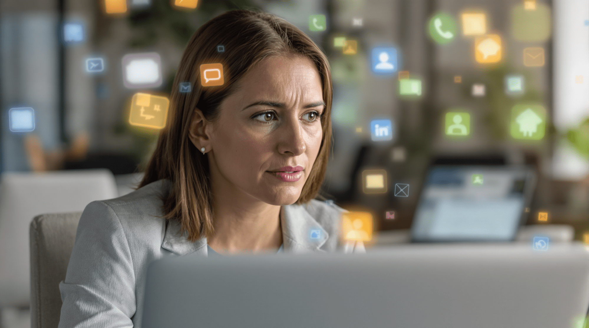 A businesswoman looks at her laptop with concern as multiple communication icons float around her, symbolizing the complexity of omnichannel customer engagement.