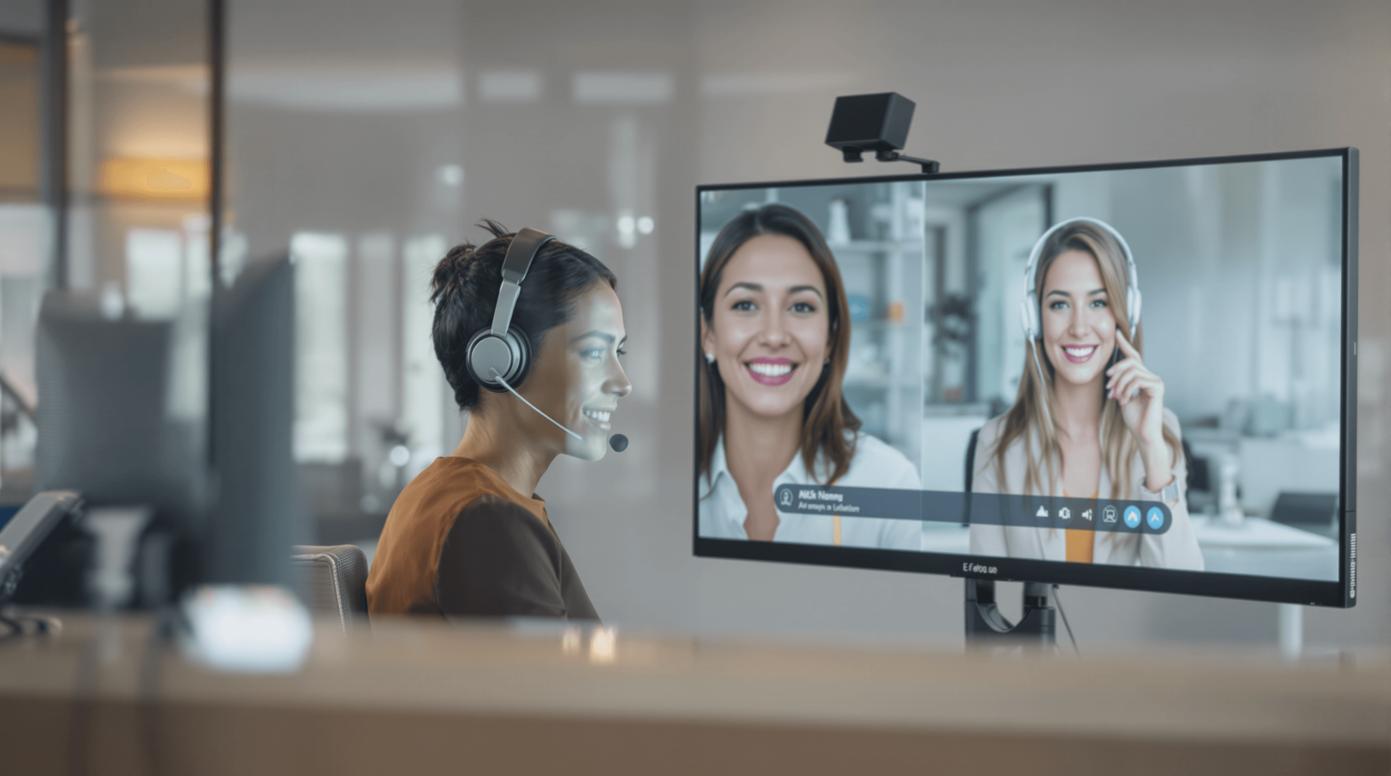 Receptionist on video call with remote colleagues in modern office, representing cloud-based front desk communication