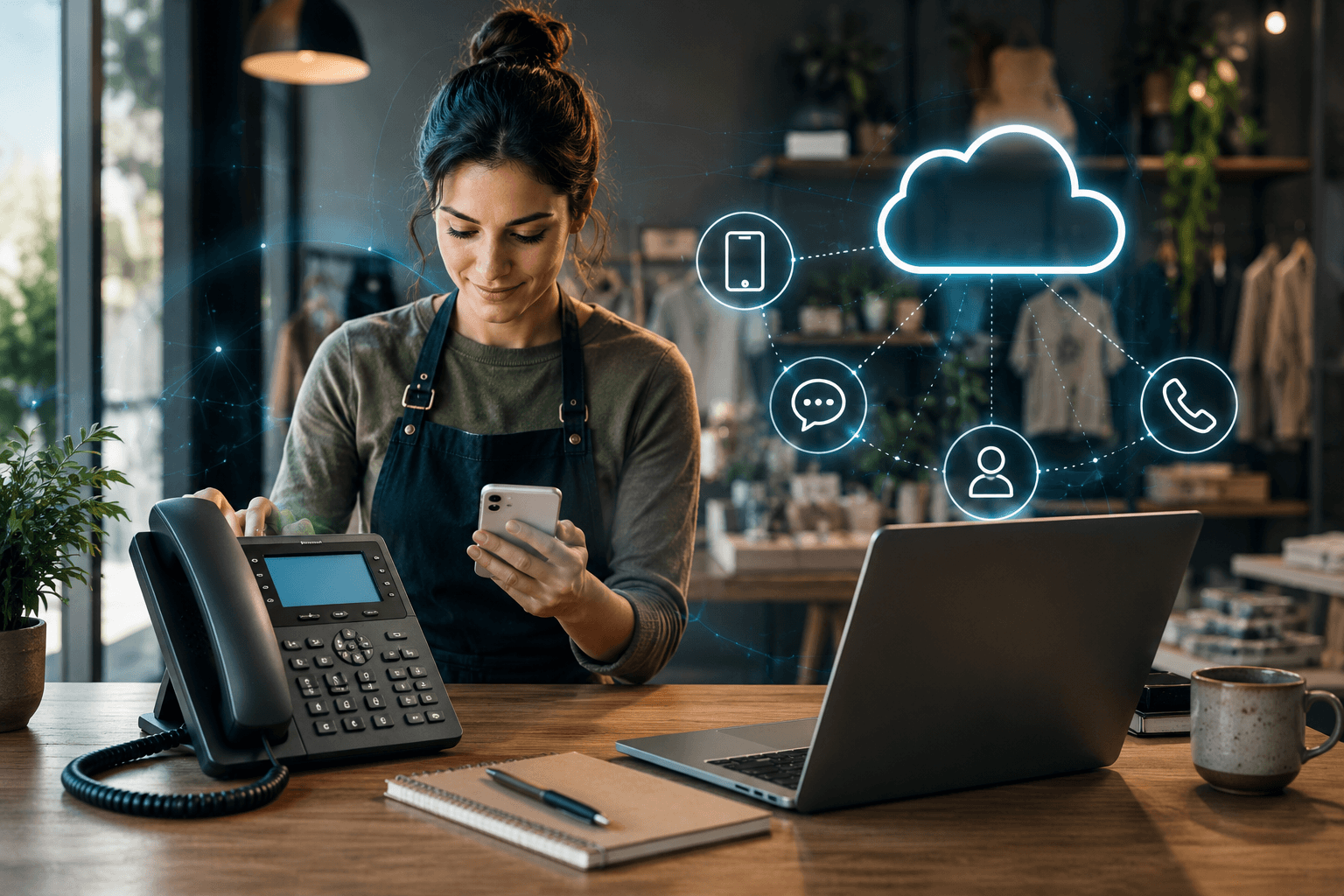 Small business owner using a smartphone, desk phone, and laptop connected through a cloud VoIP communication system, illustrating modern business phone service for small businesses