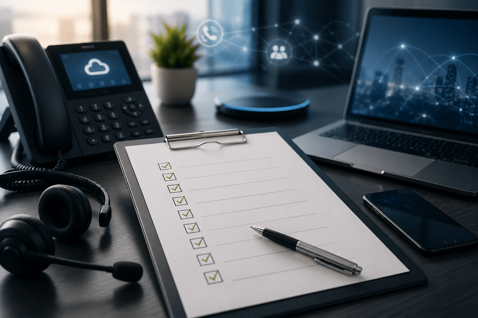 Executive workspace with a business phone, laptop, clipboard checklist, and cloud communication graphics representing a modern business phone system. 