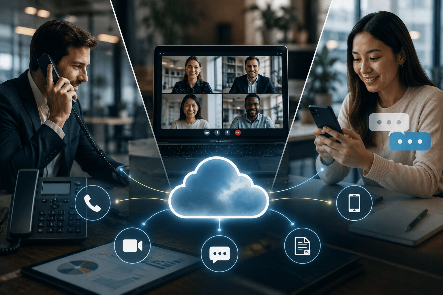 Business professionals using cloud UCaaS for seamless calling, video meetings, messaging, and collaboration