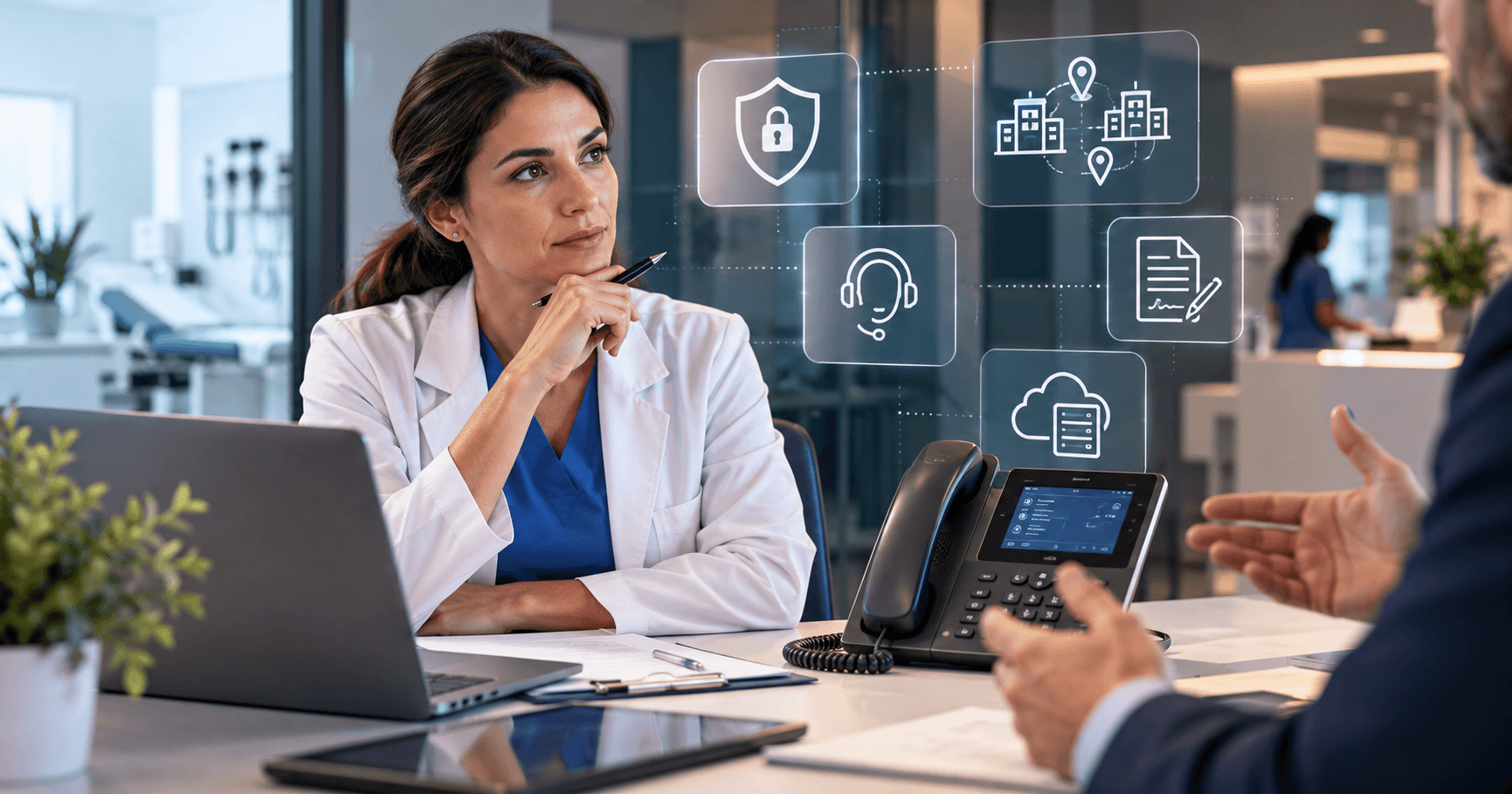 Practice administrator reviewing a phone vendor contract checklist at a clinic front desk