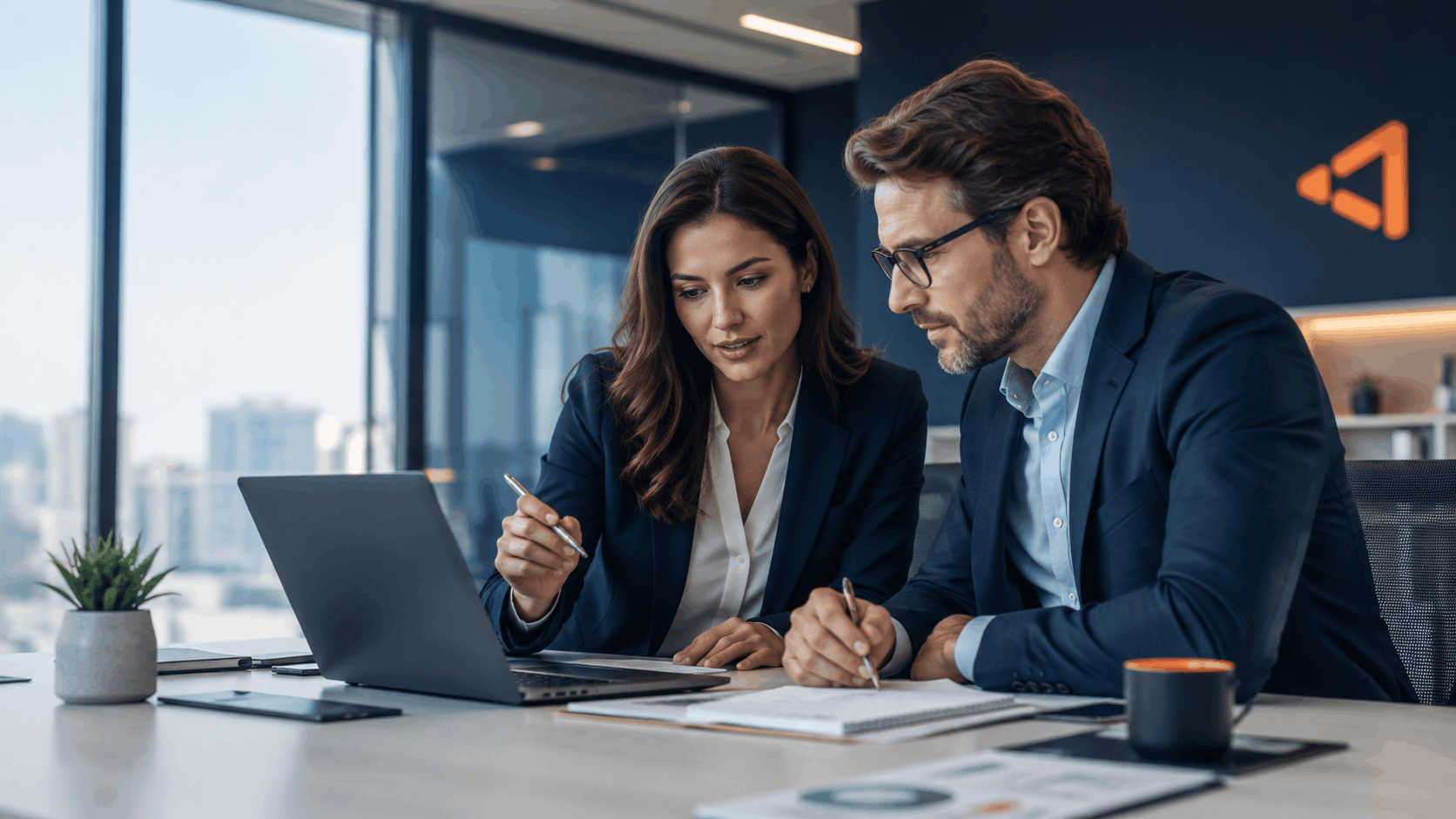 Two business professionals in a modern office reviewing a laptop and notebook together while researching UCaaS phone system options. 