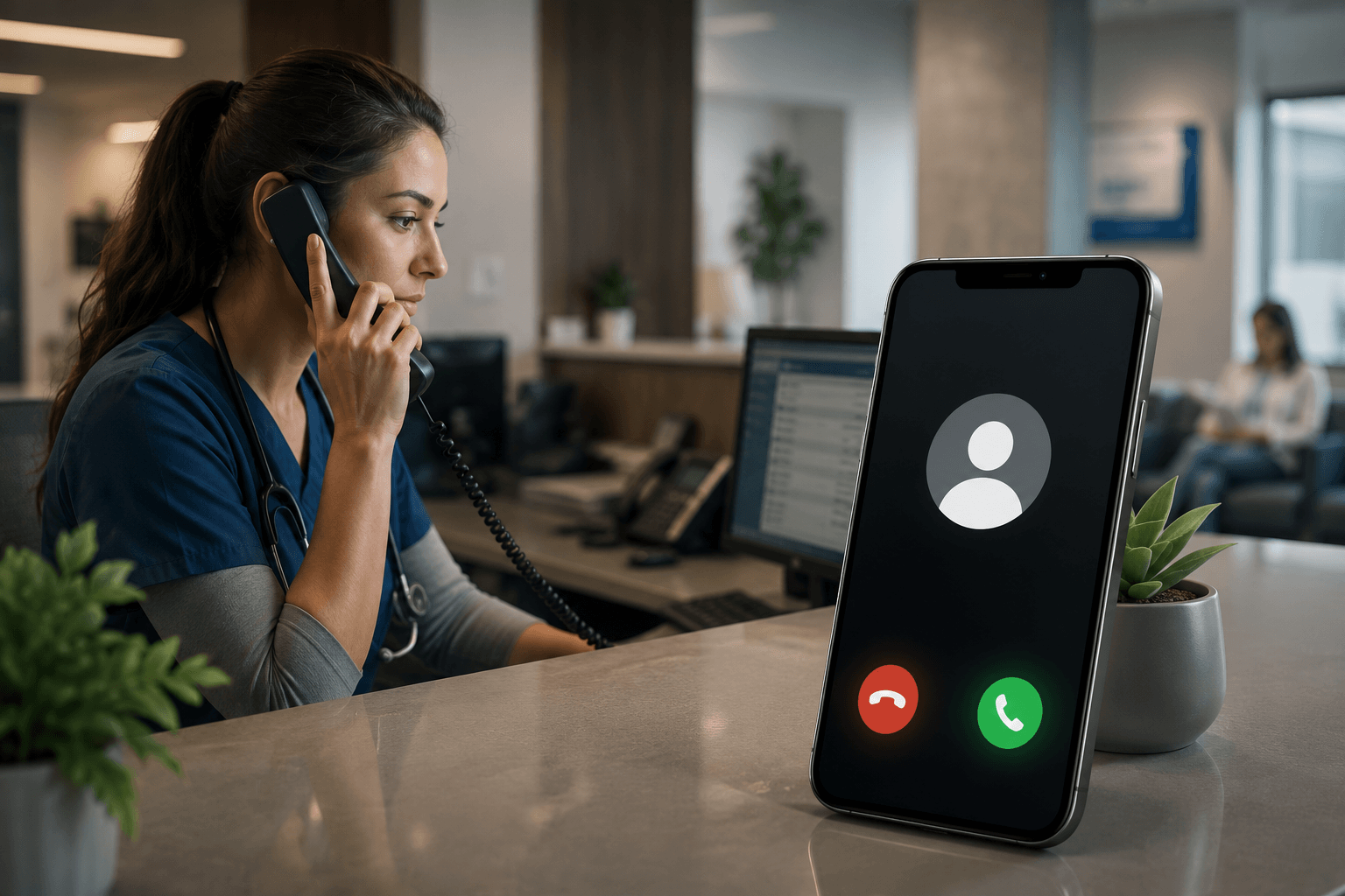Healthcare receptionist making an outbound patient call, highlighting patient callback lines, healthcare communication, and phone reputation management.