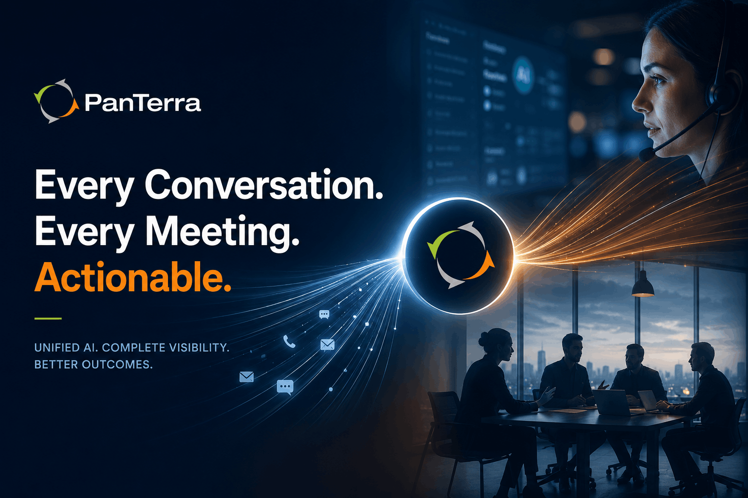 PanTerra Streams.AI cover image showing AI-powered customer conversations and business meetings becoming actionable insights through Contact Center AI and Connect AI. 