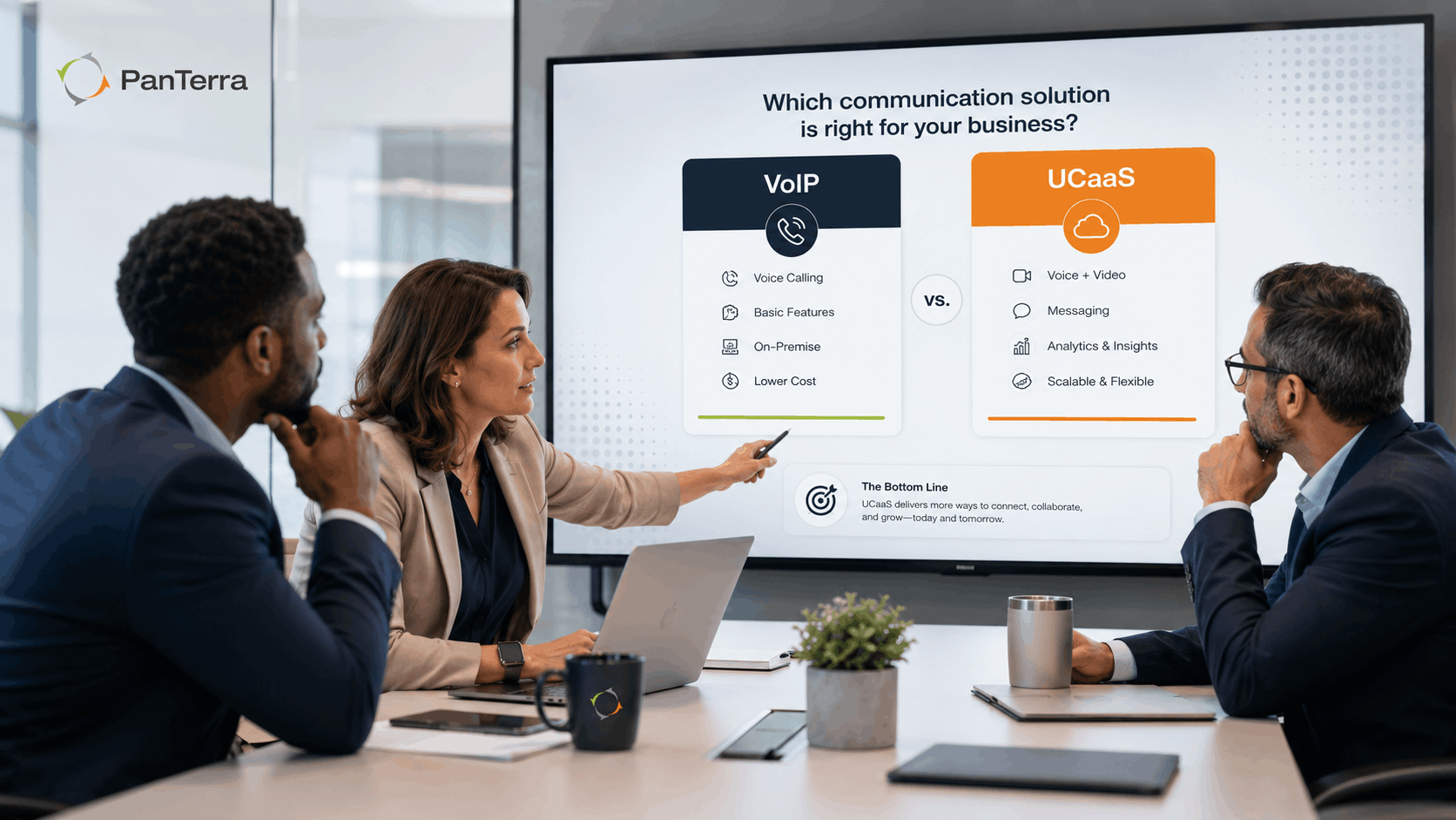 Business team in a conference room evaluating VoIP and UCaaS software options on a presentation screen to choose the best communication solution.