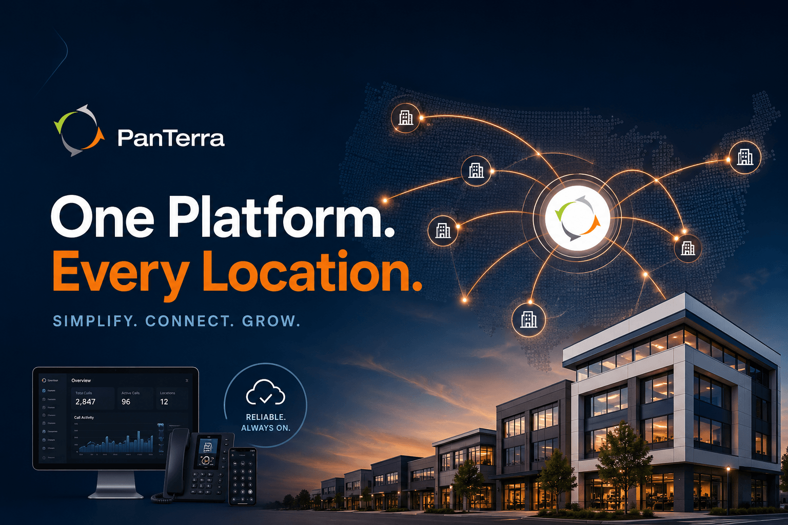 PanTerra Networks cloud phone system connecting multiple business locations through one UCaaS platform for simplified communication, reliability, and growth. 