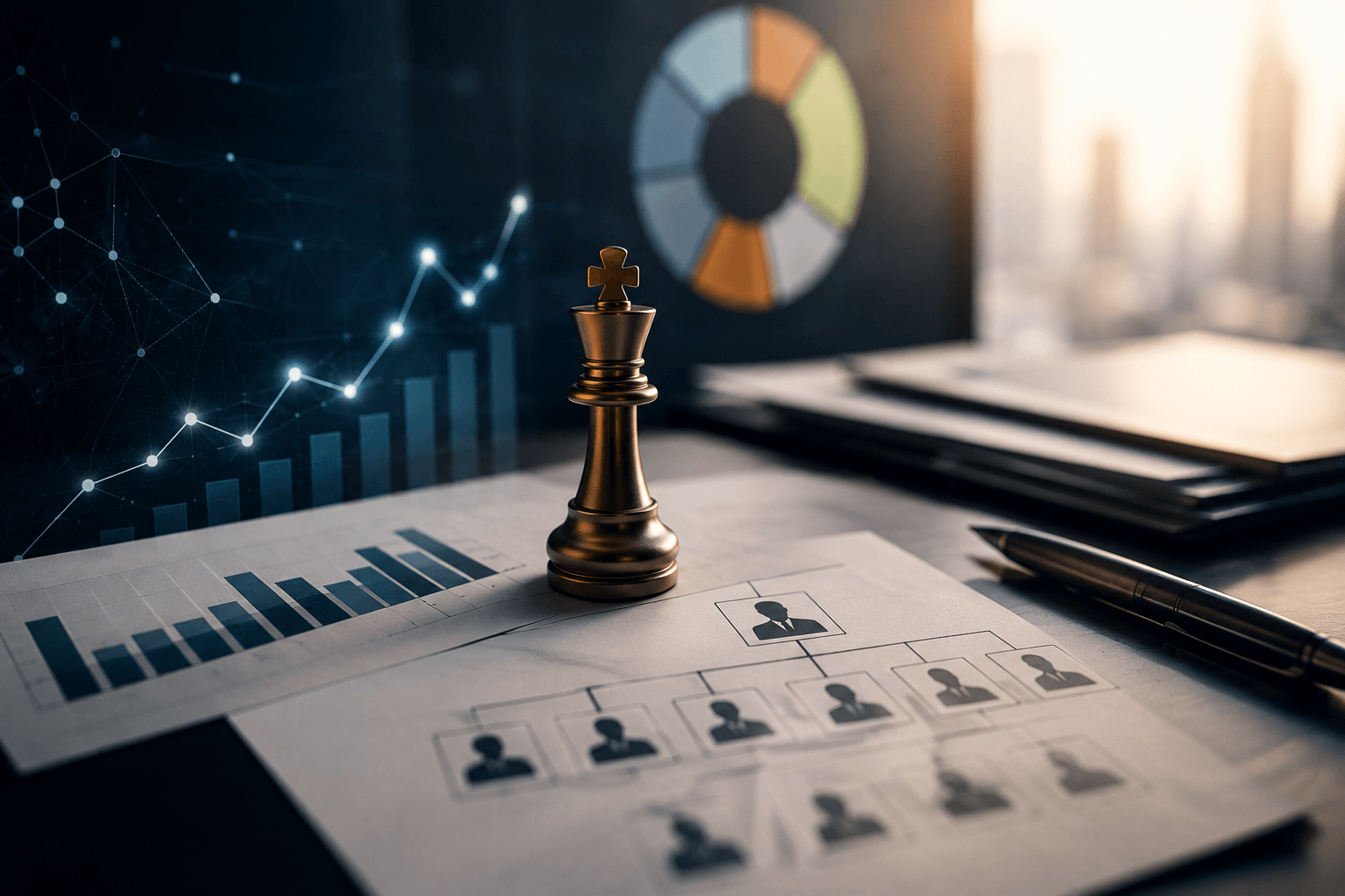 Executive workspace with chess king, reports, and growth charts representing strategic UCaaS leadership decisions. 