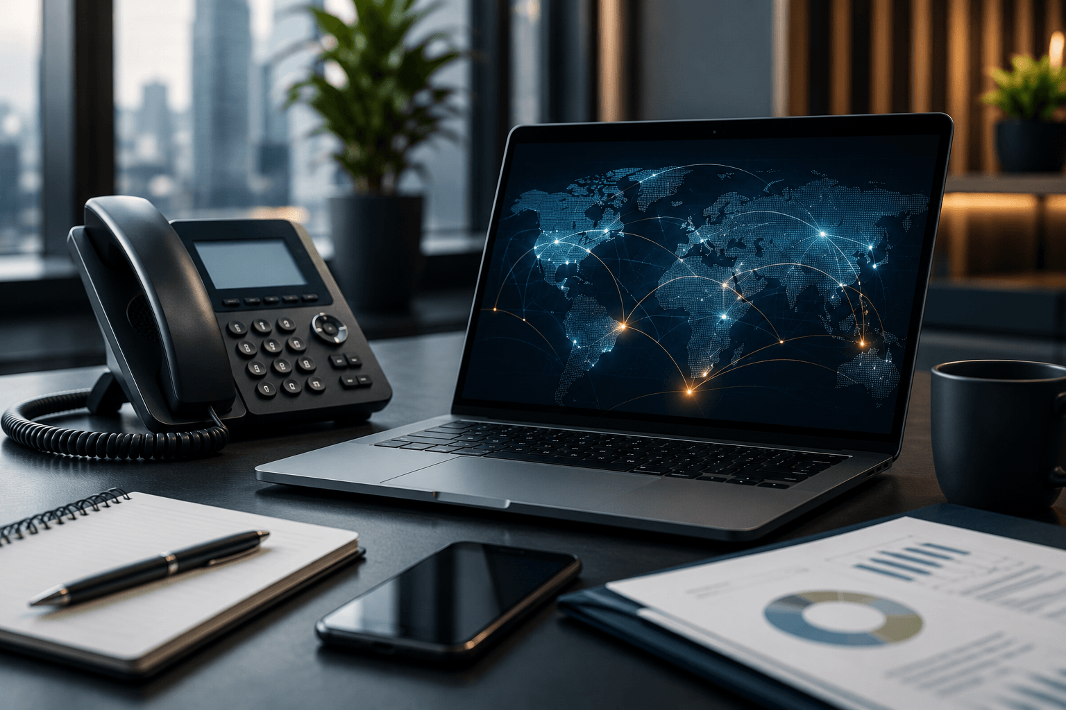 Modern enterprise workspace featuring a desk phone, laptop displaying a cloud communications network, smartphone, notebook, and business reports, representing UCaaS solutions and enterprise communication technology
