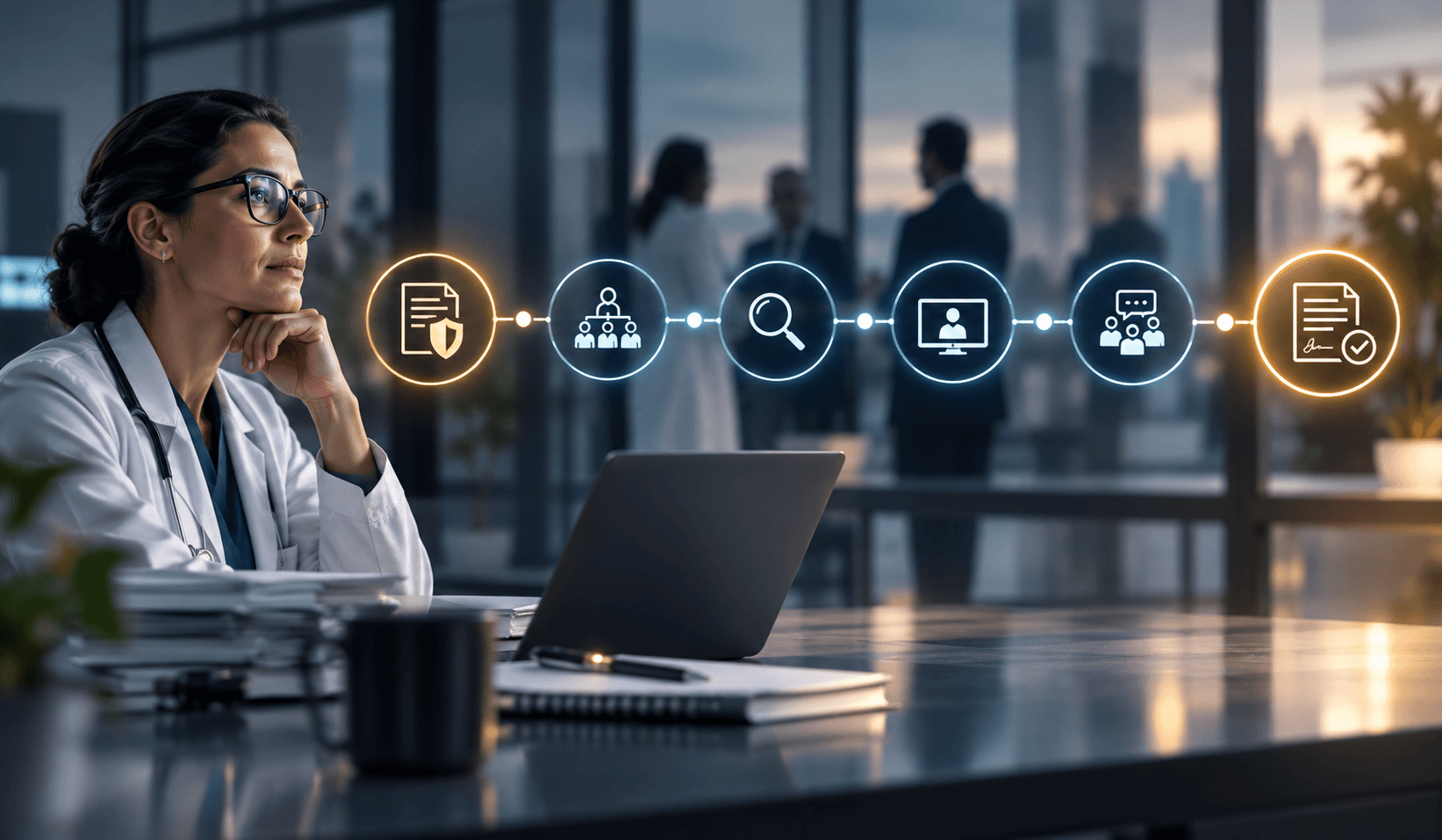 Compliance, legal, and IT staff scoring a UCaaS vendor demo against a written checklist 