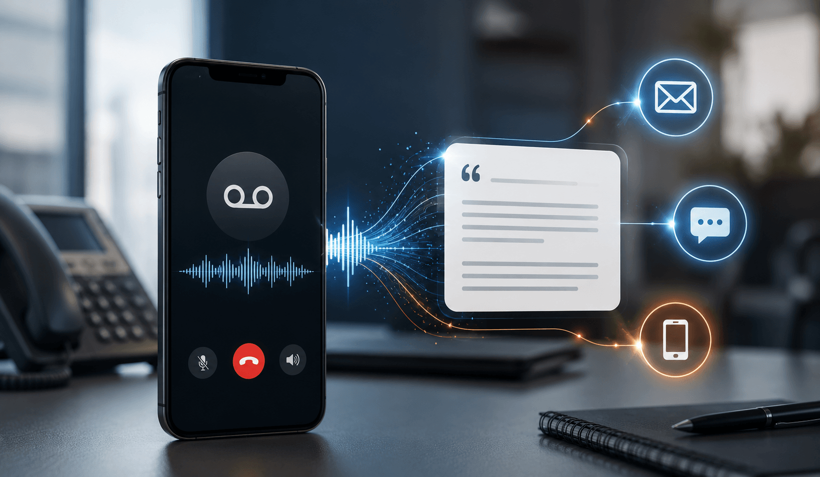 Smartphone voicemail converting an audio waveform into a readable transcript with email, SMS, and mobile delivery icons