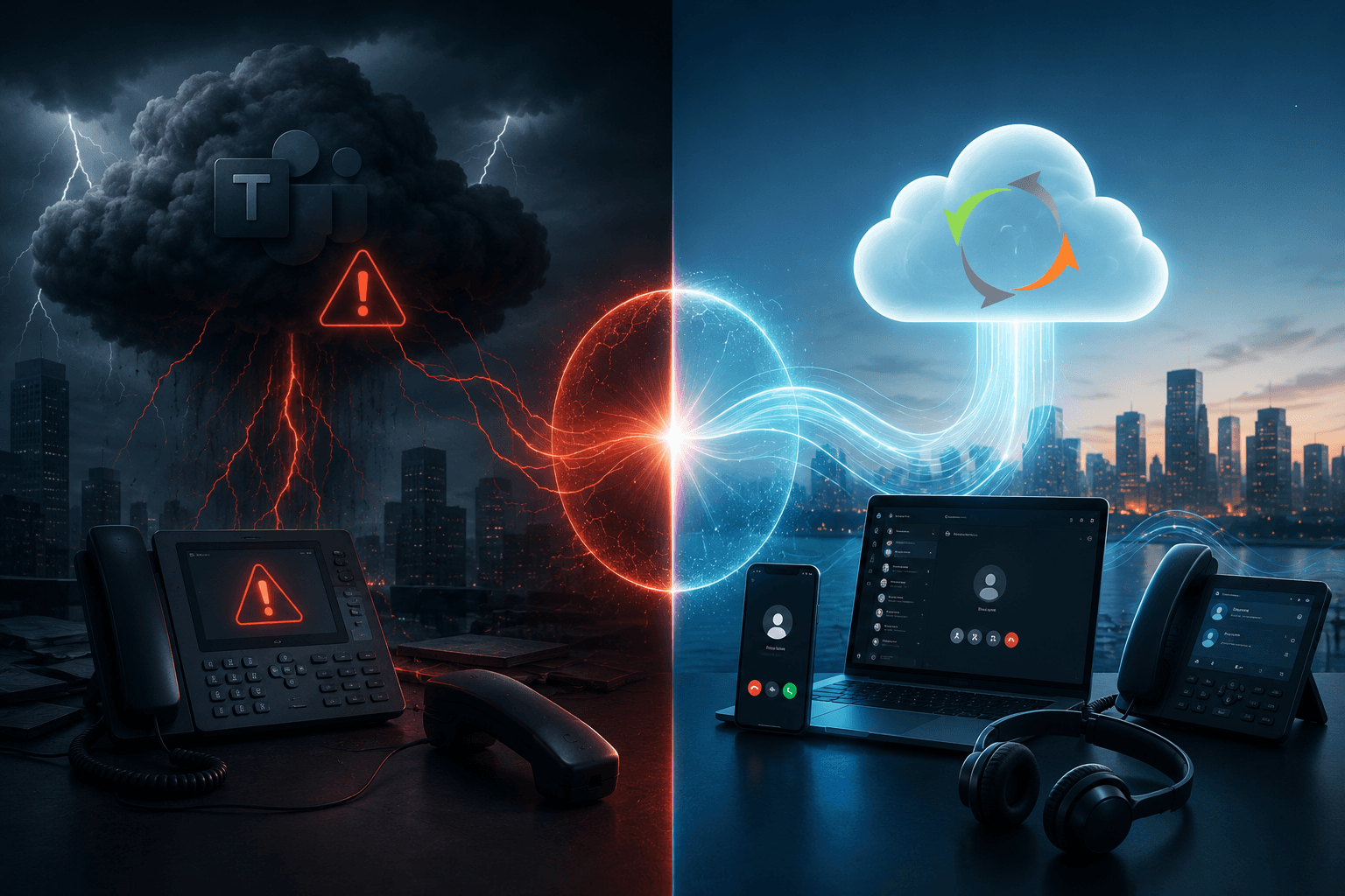 Microsoft Teams outage disrupting business phones vs. resilient cloud calling keeping mobile, desktop & desk phones connected. 