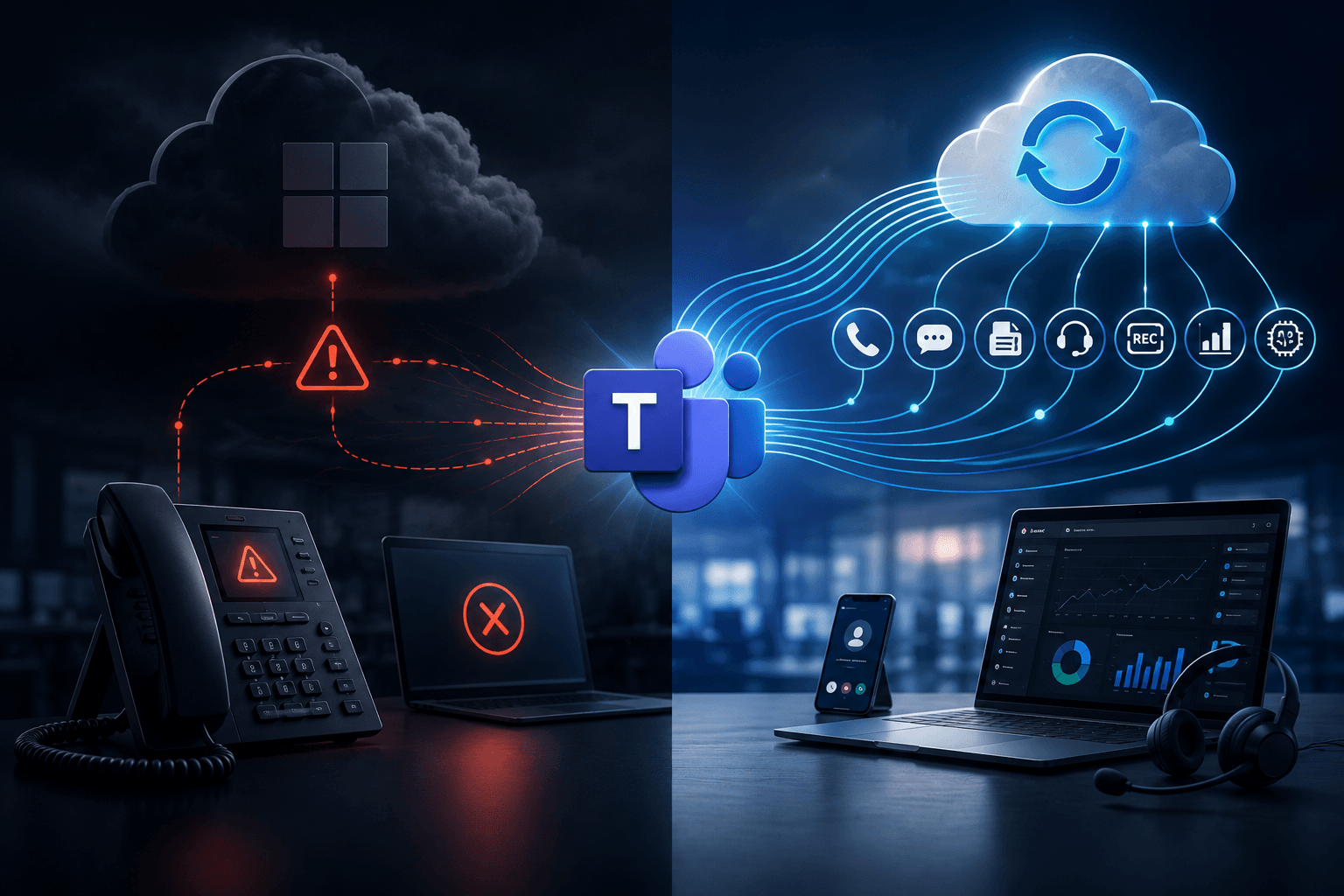 Teams calling limits with a resilient UCaaS layer, featuring connected calling, messaging, fax, analytics, and failover