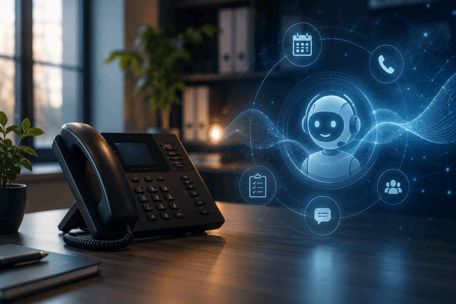 Modern office desk with a business phone and holographic AI assistant, showing AI call answering, appointment booking, and customer support. 