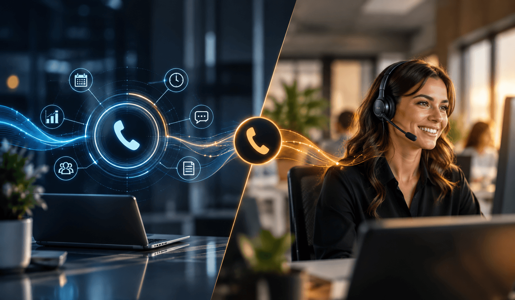 AI receptionist technology connects with a human virtual receptionist, showing automated and human call handling working together