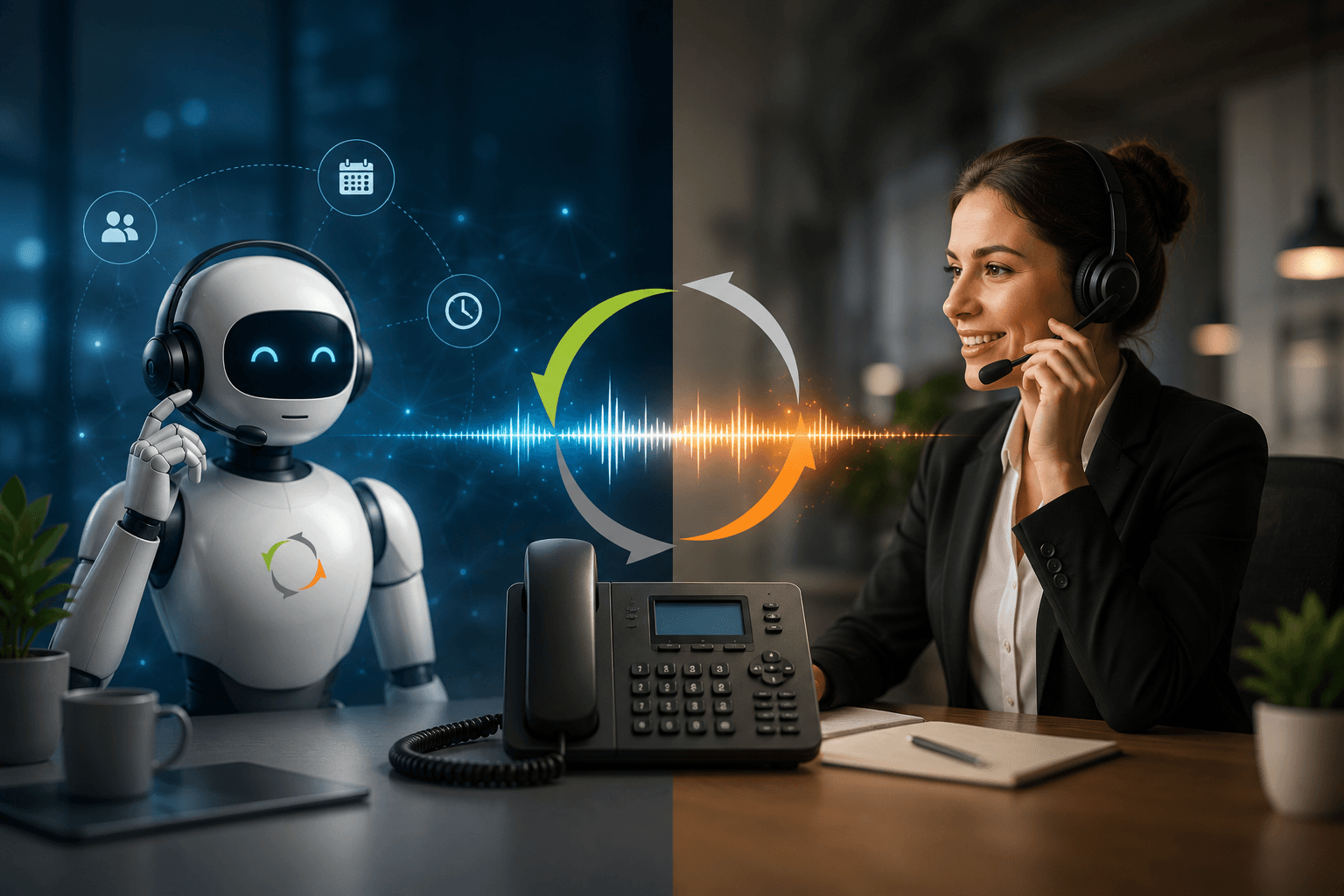 Conceptual image of an AI receptionist and human virtual receptionist connected through a business phone system for hybrid call handling