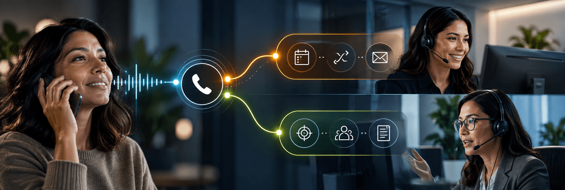 PanTerra call routing visual connecting a bilingual caller to reception and qualified interpretation paths for support