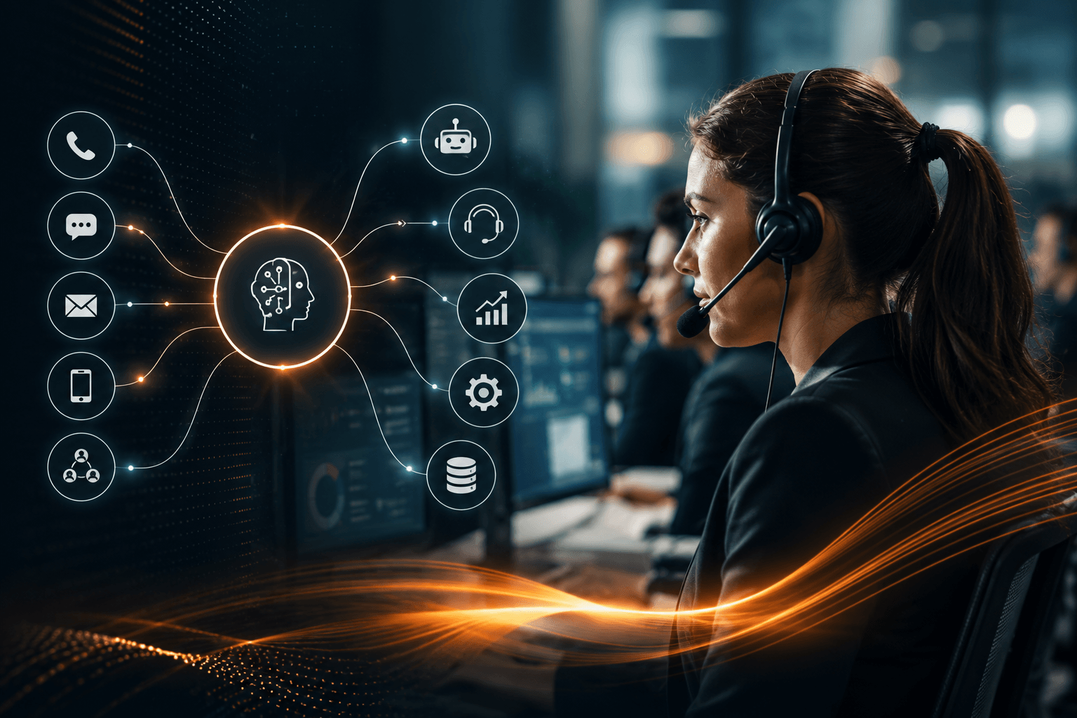 Professional contact center agent using AI automation, omnichannel tools, intelligent routing, analytics, and cloud workflows.