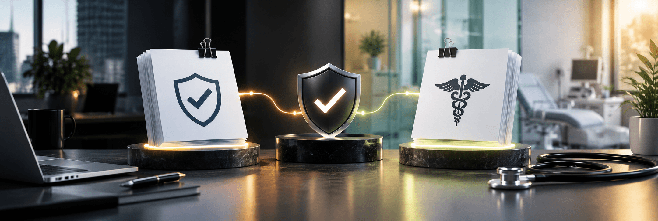 SOC 2 and healthcare compliance documents connected by a security shield, representing vendor security and HIPAA duties