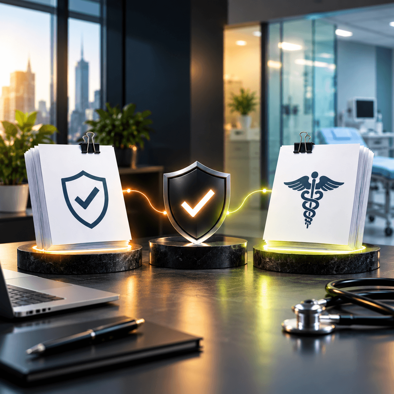 SOC 2 and healthcare compliance documents connected by a security shield, representing vendor security and HIPAA duties