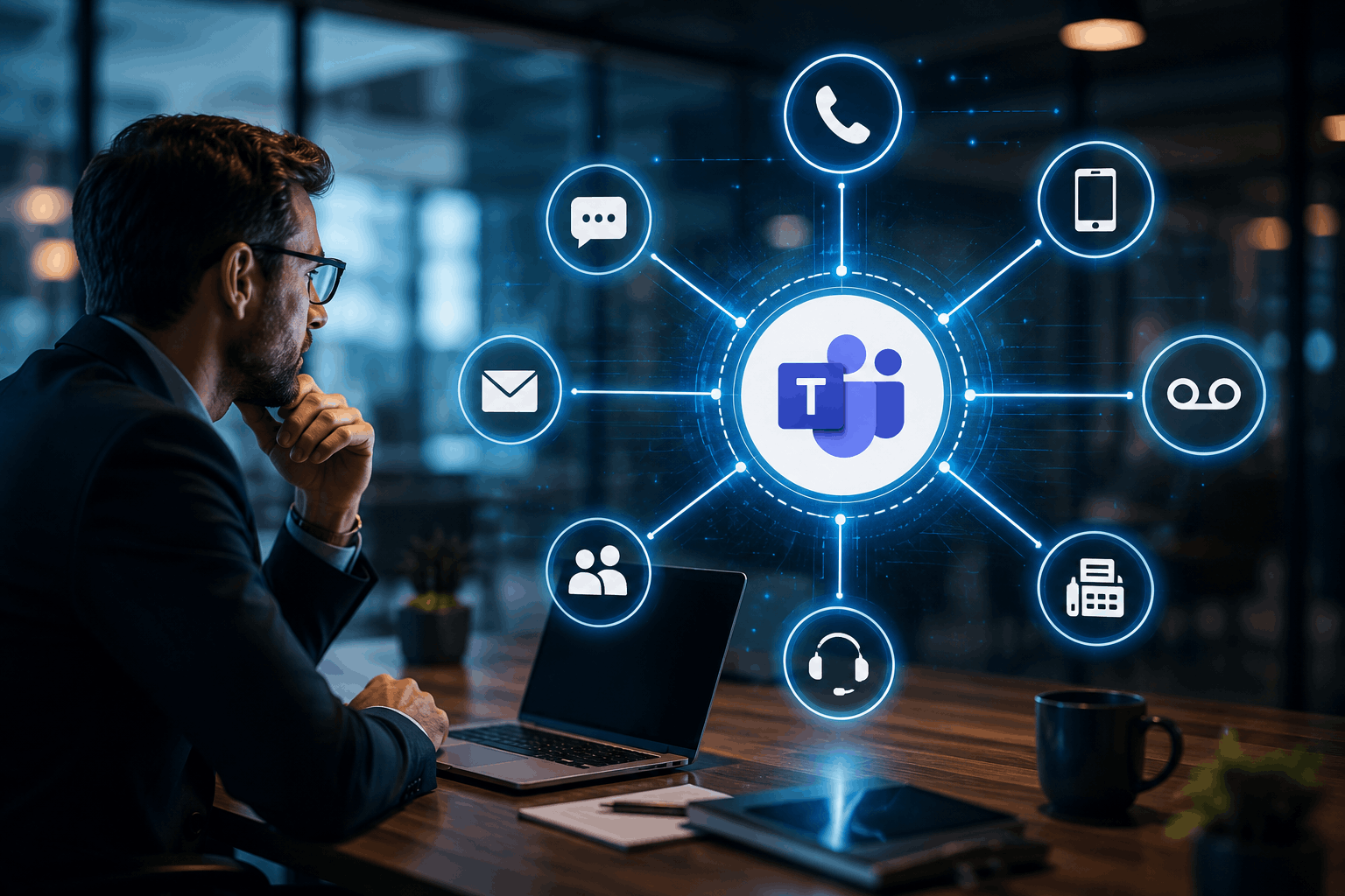 Business technology leader reviewing a unified communications hub with connected voice, messaging, mobile, voicemail, fax, and support icons, representing communications stack consolidation inside Microsoft Teams. 