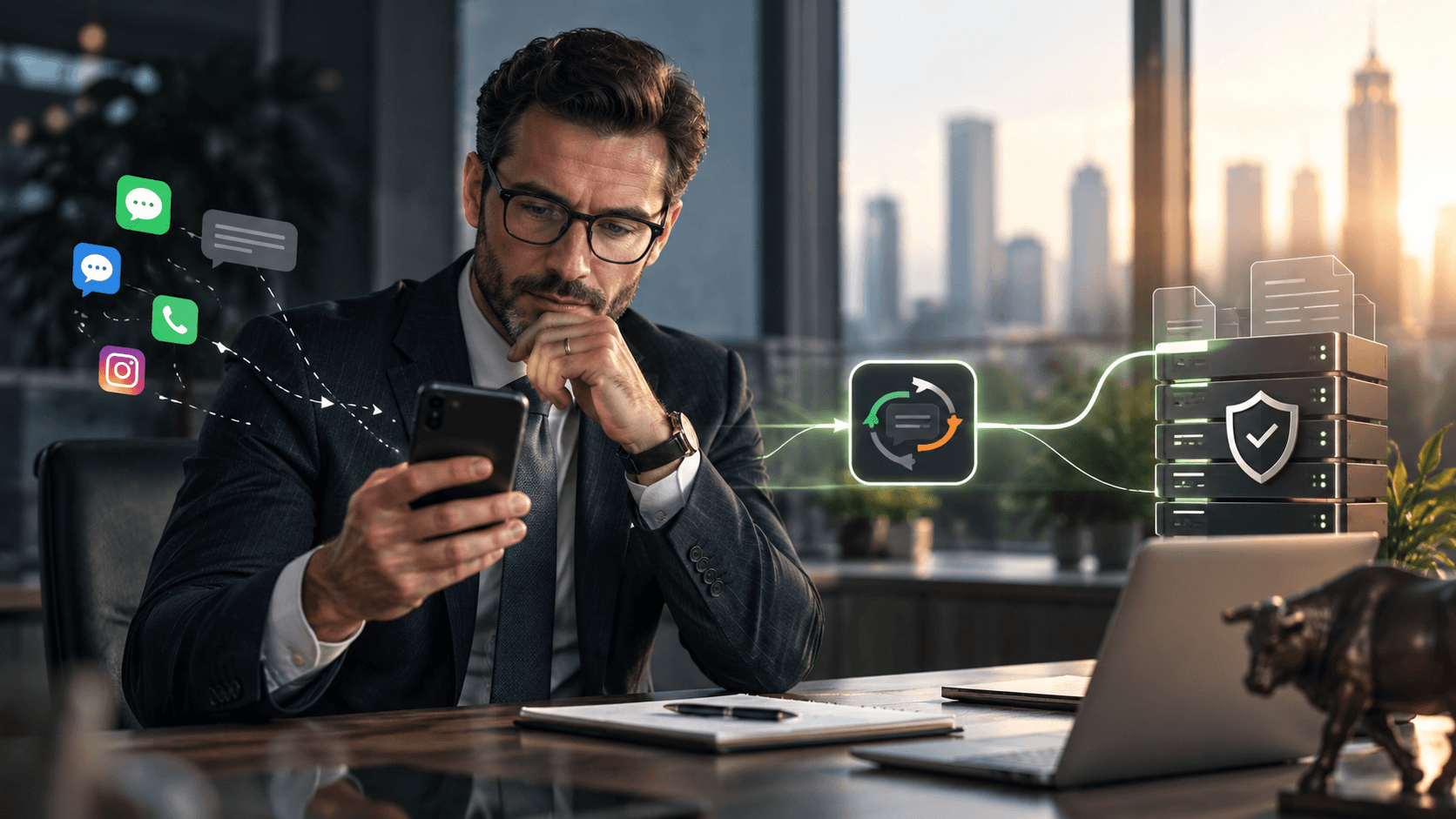 Wealth advisor uses a smartphone as business messages flow into a secure, captured communications system for compliance.