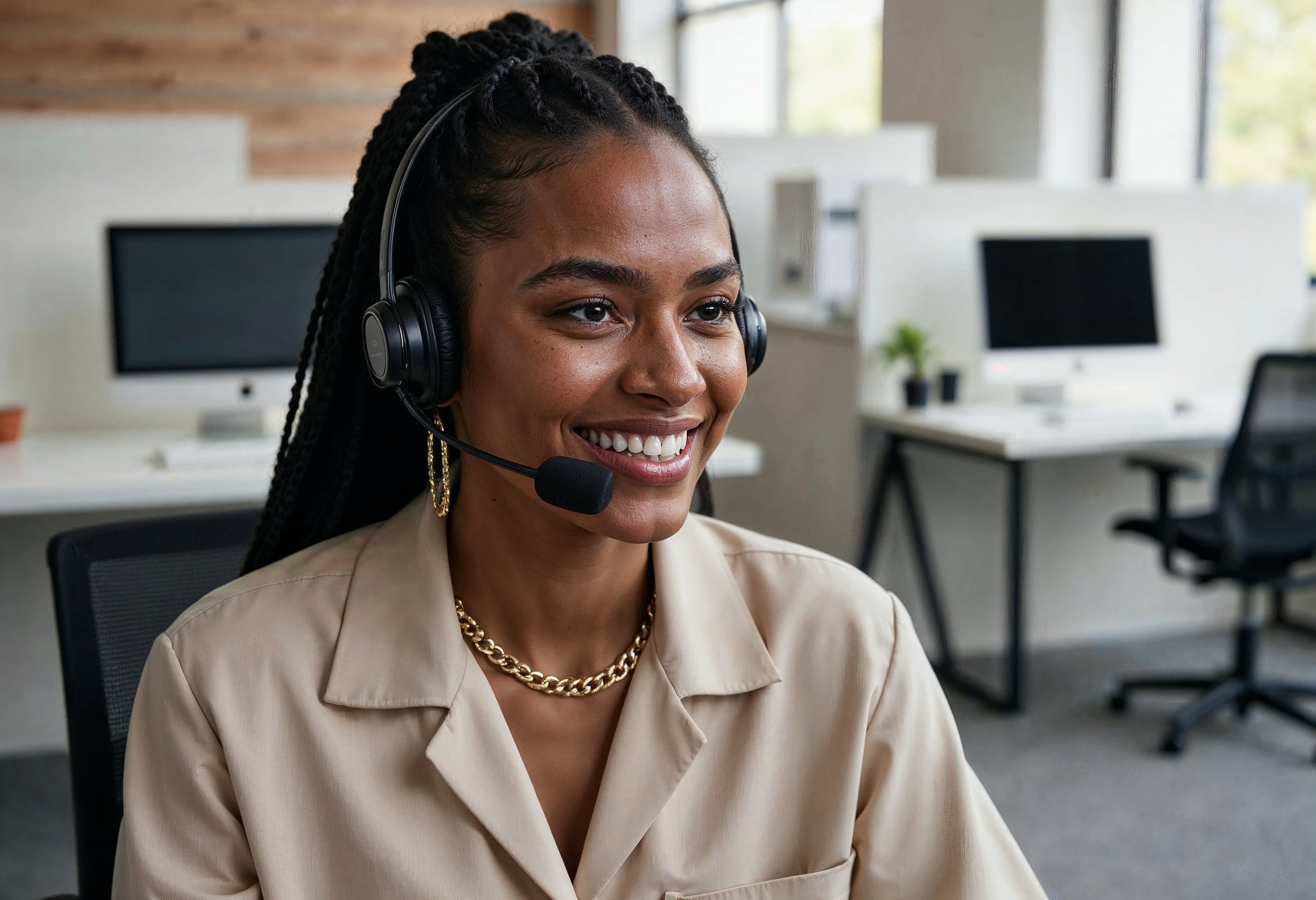 A realistic photo of a contact center agent wearing a headset, representing teamwork behind AI answering service operations.
