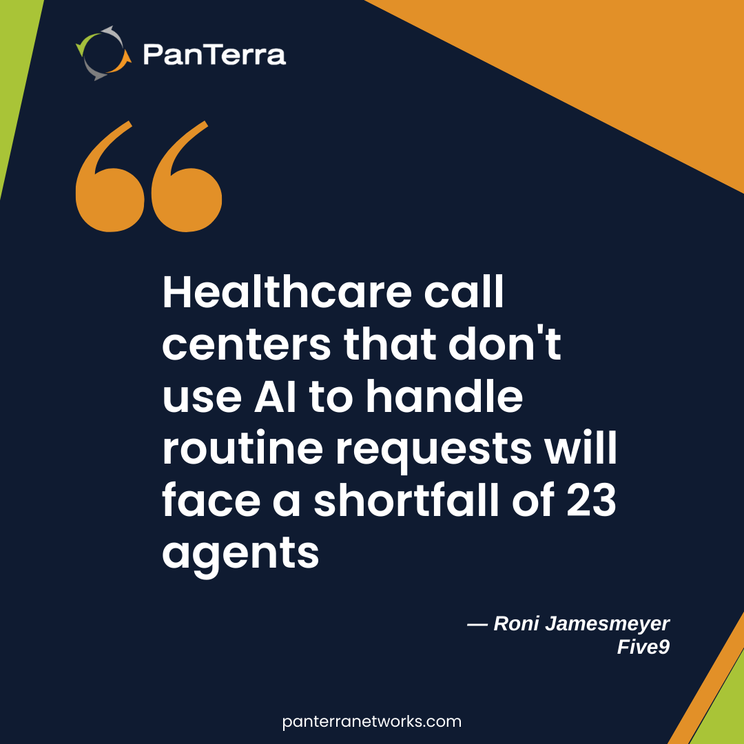 Roni Jamesmeyer (Five9) quote on healthcare CX automation with AI staffing shortfall.